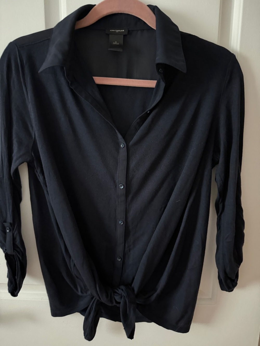 Ann Taylor Blue Tie-Front Button-Up Shirt Size S